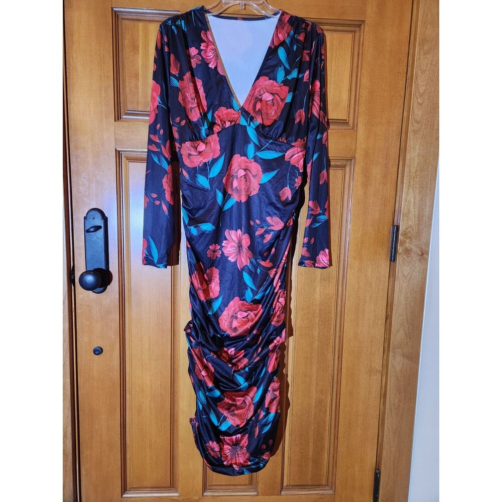 Floral Black Red & Green Bodycon Dress Long Sleeve Women's Size XL